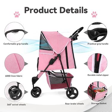 Візок для собак Wedyvko, 15 кг, рожевий, легкий, компактний, з аксесуарами, EVA-колеса