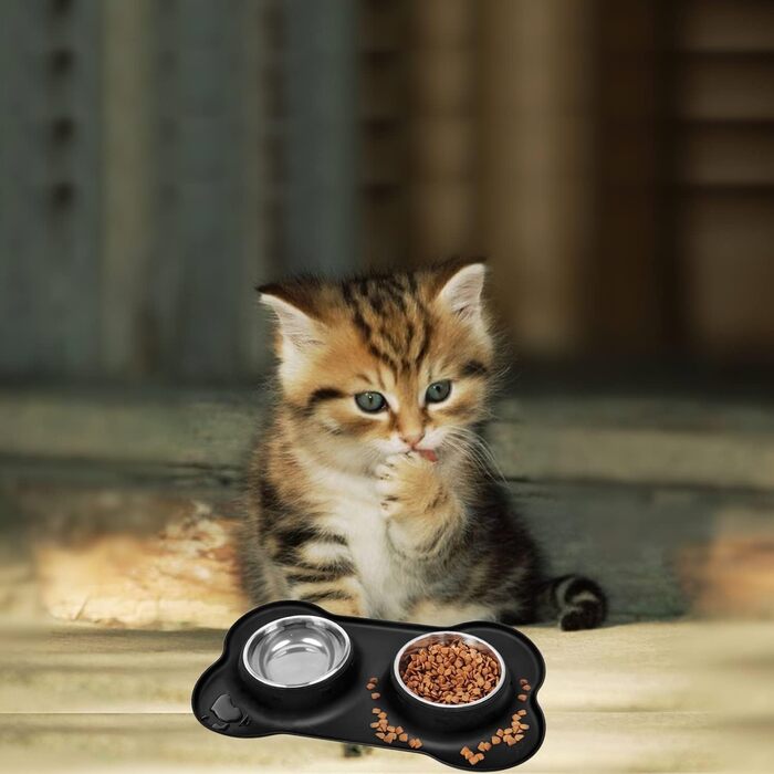 Набори мисок для собак та котів з нержавіючої сталі з силіконовим килимком, чорного кольору