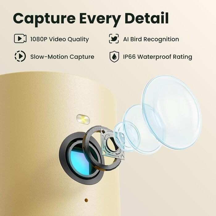 Розумна годівниця для птахів Birdfy з камерою 1080P, сонячною панеллю та ШІ-розпізнаванням 6000+ видів птахів, водонепроникна дерев'яна годівниця з App Live-переглядом