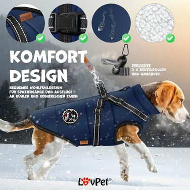 LOVPET® Зимова куртка для собак 4XL, водонепроникна, утеплена, з вбудованим шлейкою, рефлекторами та D-кільцем, темно-синя, у комплекті 45 пакетів для прибирання та диспенсер