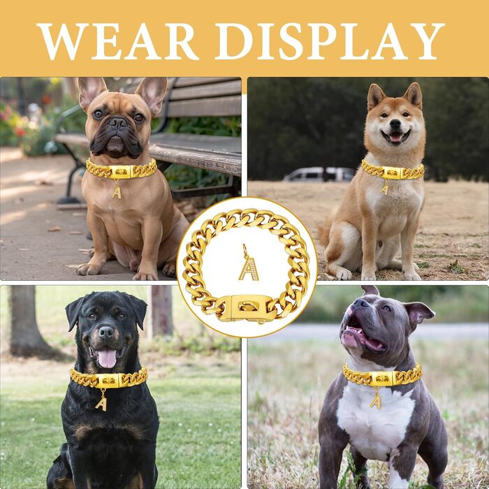 Срібний собачий нашийник 15 мм з кулоном, ланцюжок для прогулянок з нержавіючої сталі з кубинськими зв'язками, міцний, не кусається, для собак малих та середніх порід (55 см, золото-19 мм)