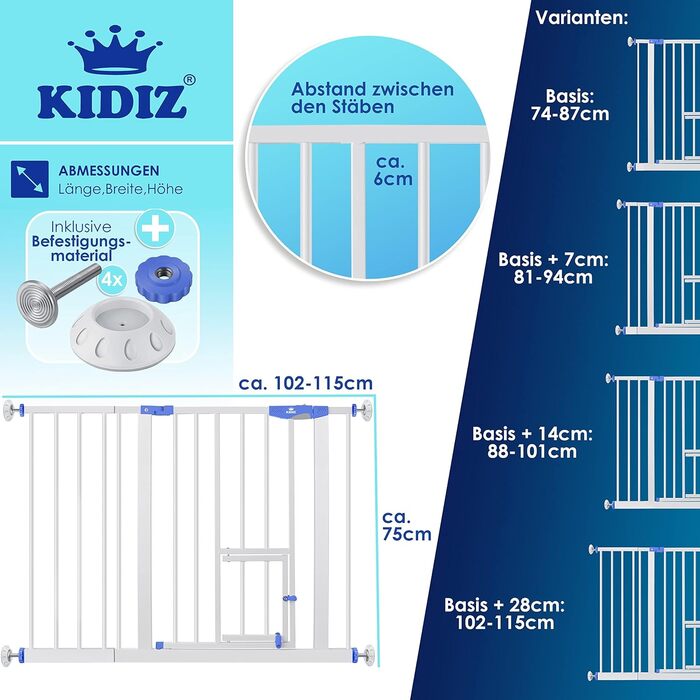 Захисне ворота KIDIZ® для дітей та домашніх тварин: безпечне огорожа для сходів, розширюване, без свердління, синього кольору (102-115 см)