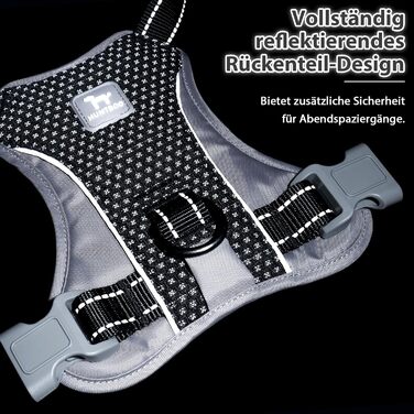 Шлейка для собак Huntboo Anti-Zug, проти вислизання, для малих, середніх та великих собак, не тягне, з світловідбиваючими елементами та 2 карабінами, не дає змогу душитися, регульована для тренувань та бігу (Чорний, S)