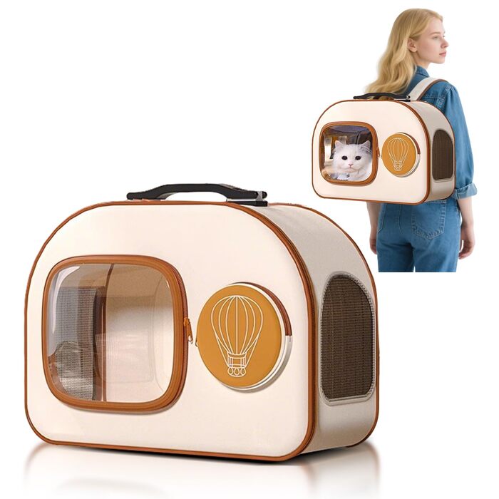 PETCUTE Рюкзак-переноска для собак та котів з колесами, складаний, з внутрішнім страхувальним ремінцем, дихаючий, для маленьких собак та середніх котів, бежевий