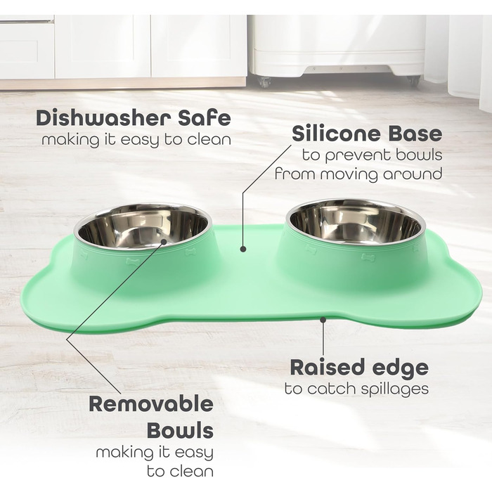 Набір мисок для тварин DIVCHI з силіконовим килимком, подвійний набір для котів, цуценят та маленьких собак (Vista Blue, M) Зелений M