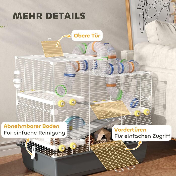 Клітка для хом'яків PawHut 4-ярусна з аксесуарами: колесо, годівниця, тунель, хатинка. Розмір 78x45x73 см, сіра