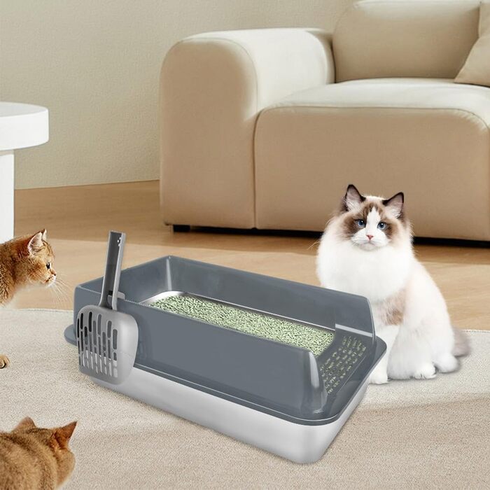 Котлован для котів з нержавіючої сталі, великий, для великих котів та кошенят, відкритий лоток, легко чистити, антипригарна поверхня (сірий, 50x35x24 см)