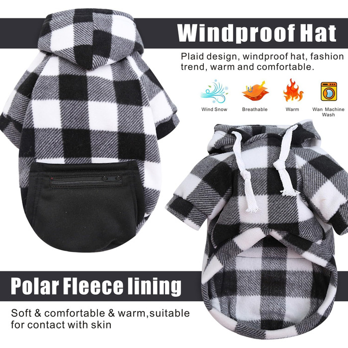 Пуловер для собак з візерунком, м'який фліс, капюшон, кишеня на блискавці, зимовий теплий одяг, бавовна, розміри S-5XL (3-Large, чорний та білий в клітинку)