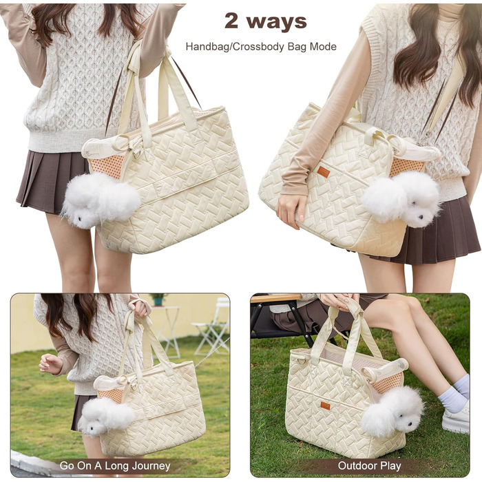 PETCUTE Сумка-переноска для собак та котів, дихаюча переноска для маленьких собак до 6 кг, сумка-переноска на плече з кишенями, переноска для собак з знімним килимком, M, Бежевий