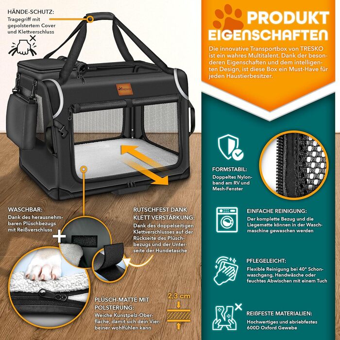 Трейлер для собак TRESKO® XXXL (102x69x69 см) з підкладкою, лопаткою та світловідбивачами | Переноска для собак та котів | Автомобільний трейлер для собак великих та малих порід | Міцна переноска для собак чорного кольору XXXL (102x69x69 см)