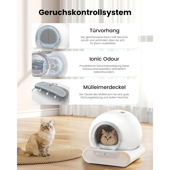 Автоматичний лоток для котів LELO PAWS, 65л, самоочищення, з контролем запаху, керування через APP, електричний, XXL, для кількох котів, білий