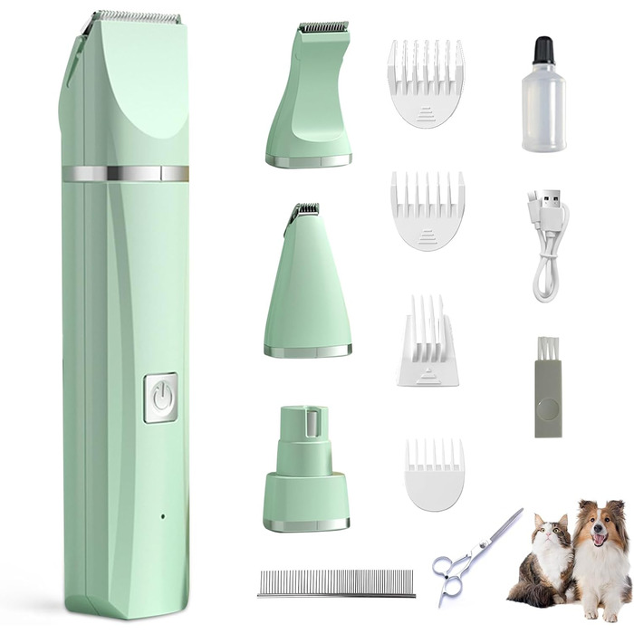 Машина для стрижки собак та котів 4-в-1, з 4 насадками, триммер для лап, точилка для кігтів, вологостійка, для тіла, обличчя, зеленого кольору