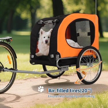Дитячий велосипед-причеп для собак до 40 кг – з безпечною лідкою, прапорцем, 20-дюймовими шинами, амортизацією, водонепроникним покриттям з ПВХ, сталевим каркасом, вентиляційними вікнами – помаранчевий