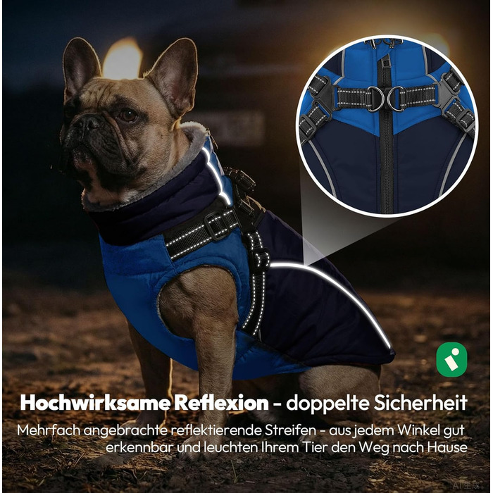 Зимовий теплий одяг для собак - куртка для маленьких собак з шлейкою, флісовою підкладкою та світловідбиваючими елементами, блакитна, XS (обхват грудної клітки 35 см)