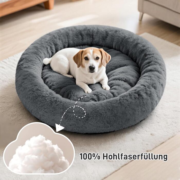 Кругле ліжко для собак O·Lankeji з м'якого флусу, штучного хутра, знімний кошик, нековзна основа, для маленьких, середніх та великих собак, M-⌀60см (M-⌀60см, Антрацит)