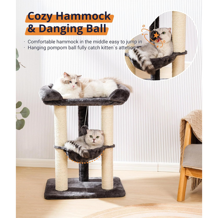 Драбина-кіготь для котів Happi N Pets 71 см, сірий. Стабільна драбина-кіготь з великим ліжком та гамаком, оббивка з сизалю. Знімний чохол.