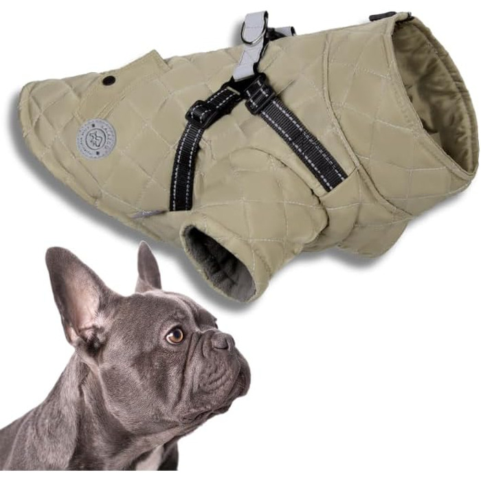 Теплий водонепроникний зимовий пуховик для собак Lalzoo LUVI 2-в-1 з інтегрованим нашийником – для маленьких та середніх собак, світлодіодна куртка, бежевий, розмір S