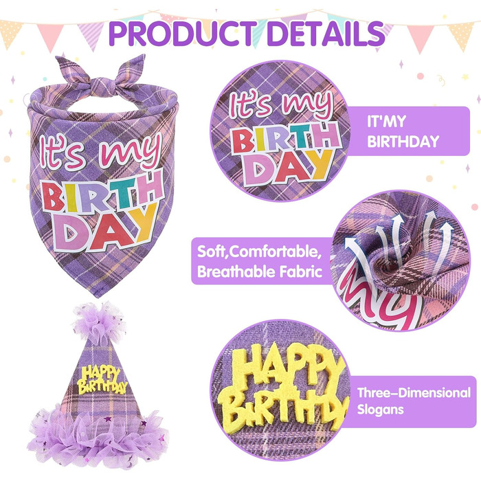 Сукня для собак SCENEREAL на весілля: комплект з банданою, комірцем та короною. Костюм для дівчаток, цуценят, кошенят, середніх та великих собак. Білий колір (Весільний) з фіолетовим клітинкою (для дня народження).