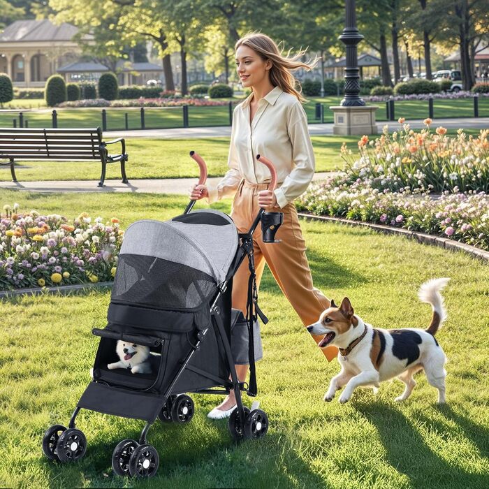 Візок для собак та котів DWVO - зручний та компактний, до 11,3 кг, сірий/чорний, 45x80x103 см