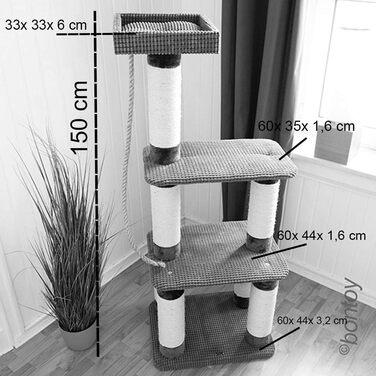 Дряпка для котів Cleo сіра 60x44x150 см з 12 см стовпами з сизалю, ігрова зона, місце для відпочинку, міцна конструкція, сизалевий канат для гри