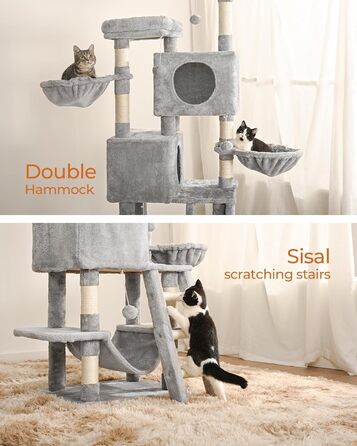 Котячий дряпак FourFurPets 160 см, з платформами, будиночками, кошиками, гамаком і іграшками, світло-сірий