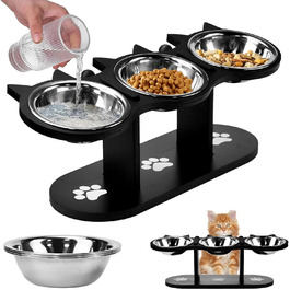Набір мисок для котів 3 шт. з нержавіючої сталі, підняті миски для котів та маленьких собак, дерев'яна годівниця для котів, чорний колір