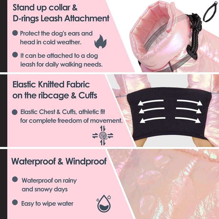Водонепроникний зимовий одяг для собак AOFITEE: тепла куртка для маленьких та середніх собак, з відбиваючими смугами та блискавкою. Рожевий колір.