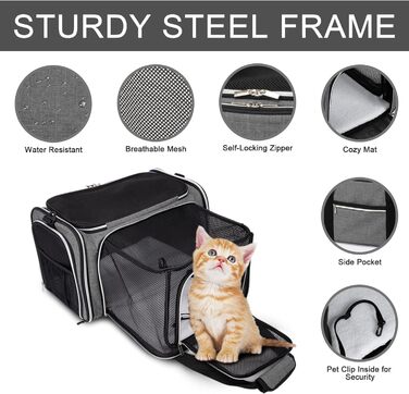 Сумка-переноска для котів та собак Baghler, сіра, середнього розміру, розширювана, складна, з підкладкою з флісу, для подорожей, схвалена авіаперевозниками