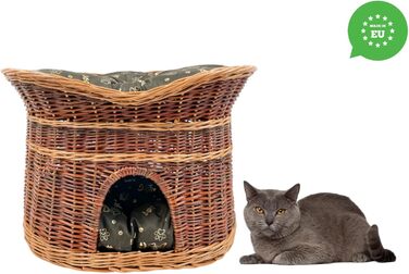 Кошик для кота з лози 70 см, двоповерхове ліжко-домік для котів і собак, з м'якими темно-коричневими подушками, лакований, овальний, для дому