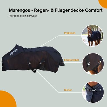 Водонепроникна сітчаста попона Marengos Comfort для коней, з хрестовими ременями, потрійною застібкою, кільцями для шийної частини, міцна, чорна, 125 см