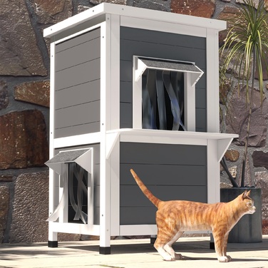 PawHut Cat House Дерев'яний 2-х ярусний стійкий до погодних умов будиночок для кішок з дахом, сірий і білий, 60x60x81.5см | Аосом
