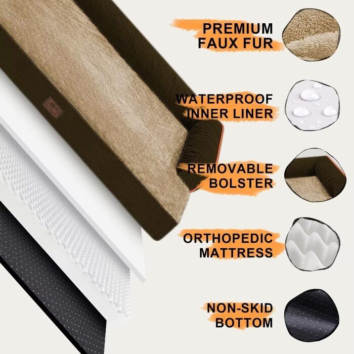 Велике ортопедичне собаче ліжко з водонепроникним покриттям – знімний чохол, Memory Foam – для великих собак, ліжко з валиком для шиї, диван-ліжко, коричневе, розмір 114 x 89 x 20 см