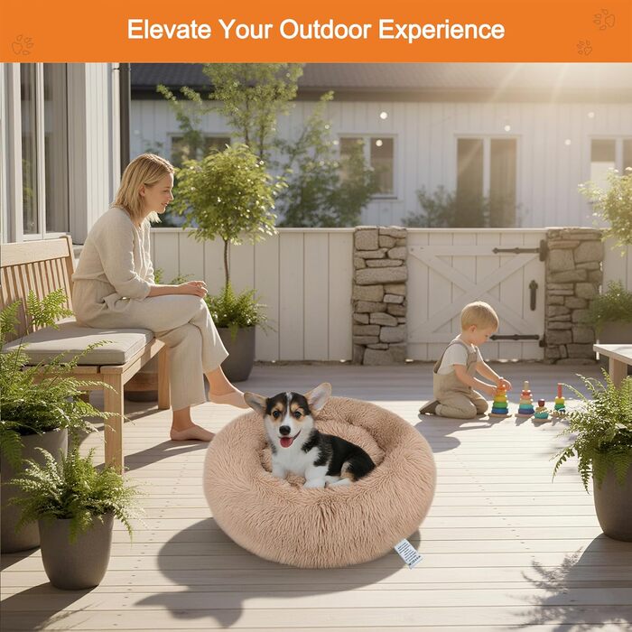 Кругле ліжко для собак та котів Donut, 50 см, бежеве/коричневе. М'яке, ортопедичне, з антиковзною основою, для заспокоєння та комфортного сну.