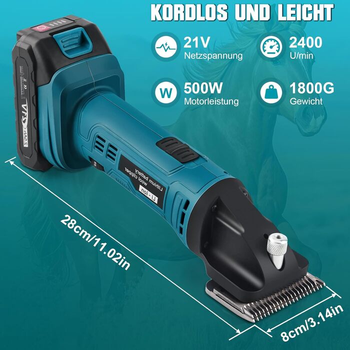 Професійна акумуляторна машинка для стрижки коней 500W | 2 батареї 2500mAh | 6 швидкостей | 2400 обертів/хв | Сумісна з Makita 18V