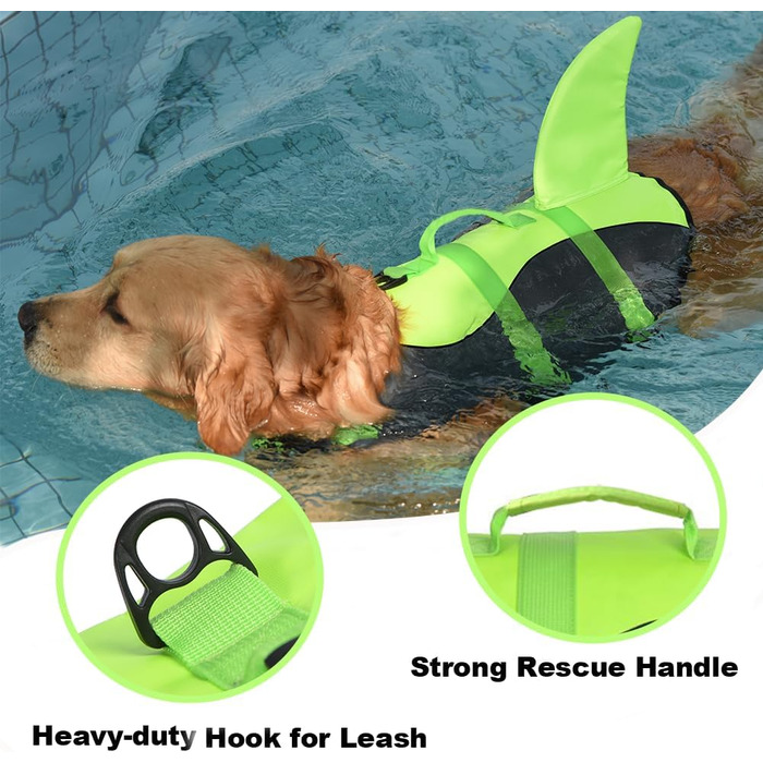 Жилет для плавання собак Doglay з принтом акули, середній розмір, зелений. Забезпечує плавучість та безпеку під час купання та відпочинку на воді.