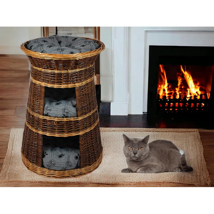 Корзина для котів для сну – котяча хатинка для дому – розмір 43 x 49 x 70 см, кругла – котяча печера з лози, трирівневе ліжко для собак або котів з пральним подушками в бежевому кольорі – лакована корзина (подушка світло-сіра)