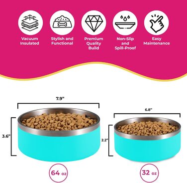 Миска для собак Glow Pups, нержавіюча сталь, вакуумна, 1,8 л, рожева, для середніх і великих порід, подвійні стінки, не ковзає, зберігає воду холодною