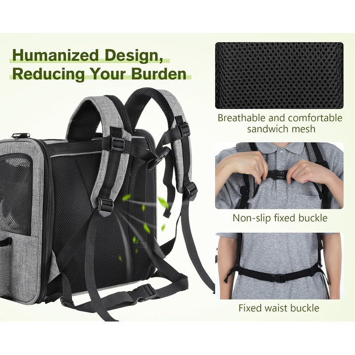 ПЕКЮТ Рюкзак для тварин з сіткою, переноска для кота/собаки, дихаюча та легка, водонепроникна, сіра (M)