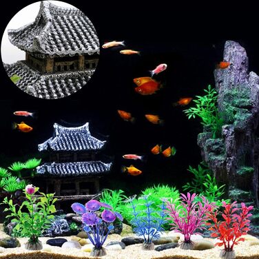 Декорація для акваріума ODOOKON: Стара будівля в східному стилі, 5 штучних рослин, 16x15x10 см