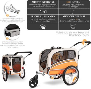 Причеп-трансформер для собак 2-в-1 для велосипеда та бігу – для собак до 30 кг, з гальмами, сигнальним прапором, для активного відпочинку та дому, легкий у збиранні (Помаранчевий)