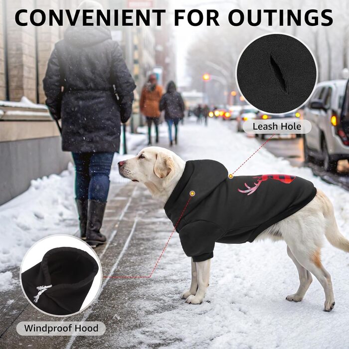 Светр для собак SCENEREAL з капюшоном, теплий фліс, для холодної погоди, костюм на Хелловін, отвір для повідка, листя клена, розмір S (X-Large, чорний, принт 