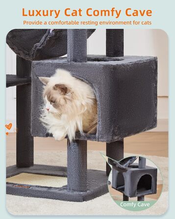 Дряпка для котів Taoqimiao MS020SG, котячий комплекс для дому, м'який будиночок з 6 стовпчиками, 2 лежаками, 2 домівками, гамаком і 3 іграшками-помпонами, сірий