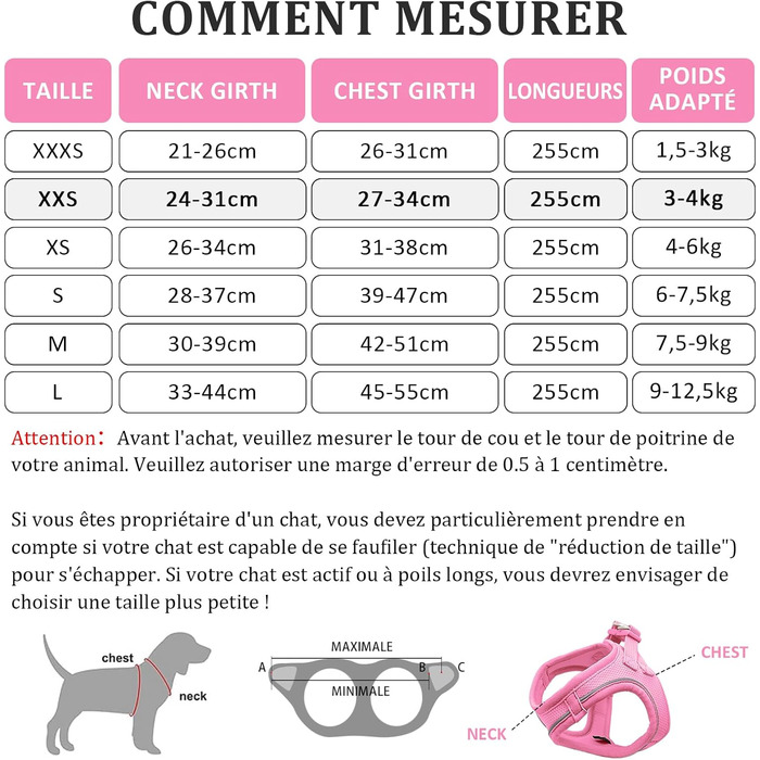 Нашийник для котів Qianruida з повідком, регульований, зручний, дихаючий, світловідбиваючий (Рожевий, XXS)