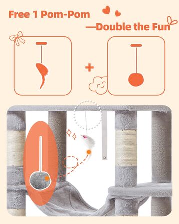 Дерево для котів Taoqimiao 170 см, велике, з будиночками, гамаком, корзиною, 8 стовпчиками для шліфування, 2 платформами, сірий MS013W