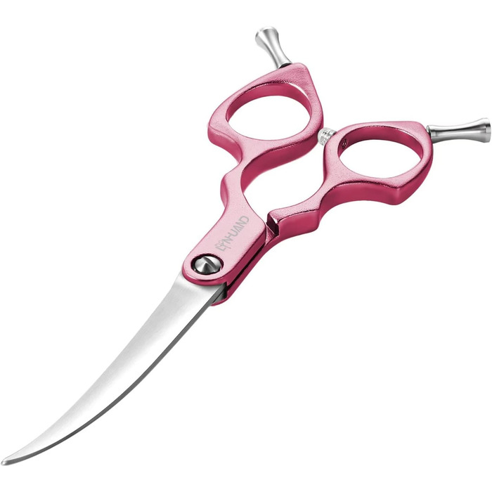 Професійна вигнута коса для грумінгу собак 16,5 см, 440C, нержавіюча сталь, з ручкою з алюмінію (рожева, вигнута)