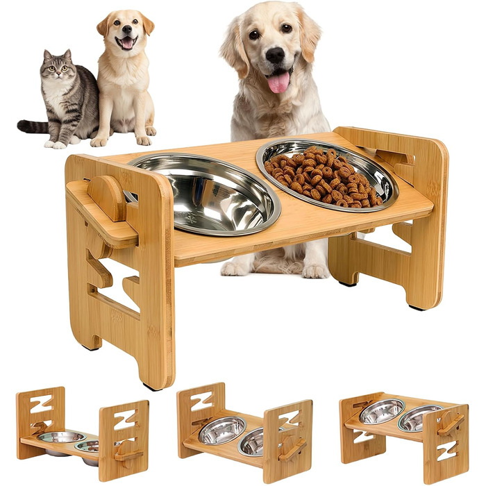 Підвищена годівниця для собак з підставкою, регульована висота, 2 миски з нержавіючої сталі, протиковзна, для маленьких собак та котів