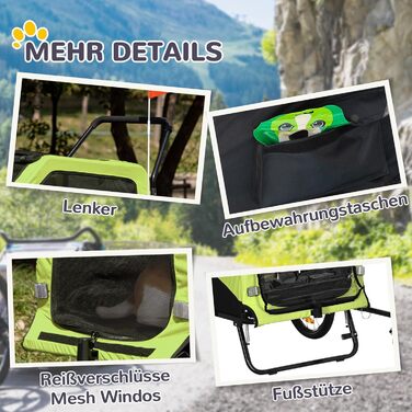 PawHut Причіп для собак 2-в-1, велосипедний причіп для собак, візок для собак з відбивачами, вантажопідйомність до 30 кг, причіп для собак великих порід, матеріал Оксфорд, зелений