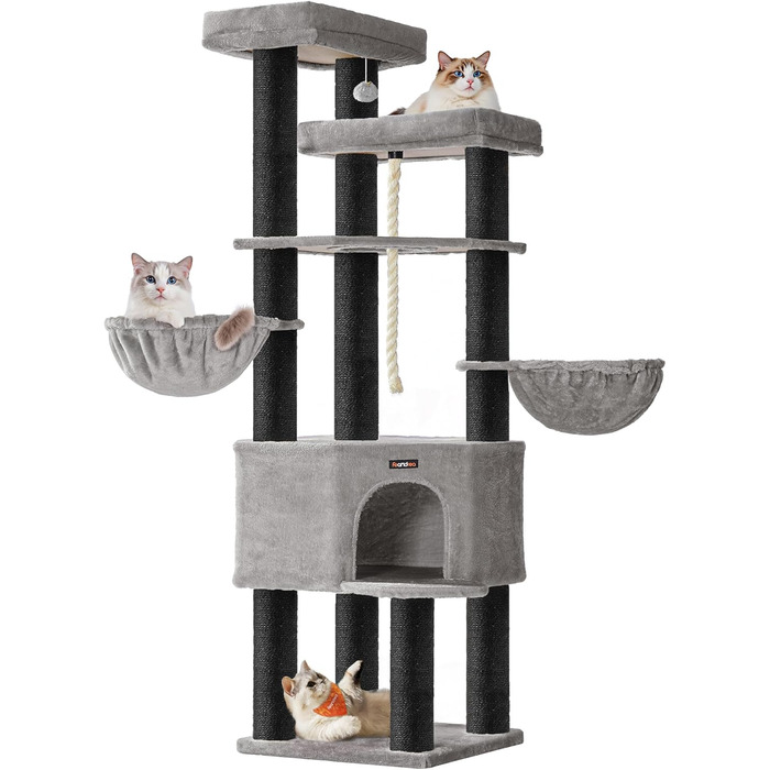 Кігтеточка Feandrea для котів, велика, багатоярусна, XXL, 55 x 55 x 186,7 см, товщина сизалю 11 см, для великих порід котів (Мейн-кун), сіро-чорна, артикул PCT008G02