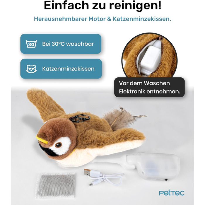 PetTec Інтерактивна електрична іграшка для котів — рухомий птах з котячою м'ятою, автоматичне самостійне заняття