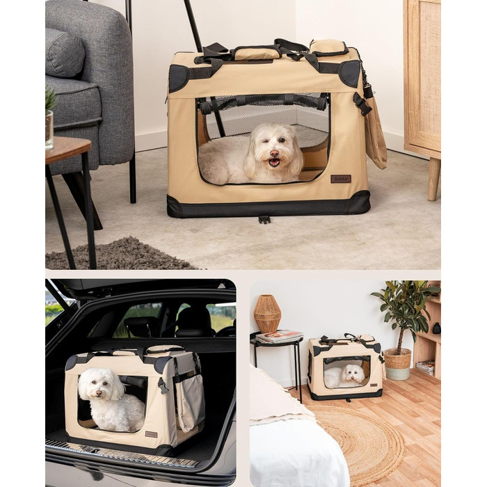 Транспортна переноска для собак та котів Lionto, складна, 60x42x44 см, з ручками та ковдрою, до 12 кг, бежева